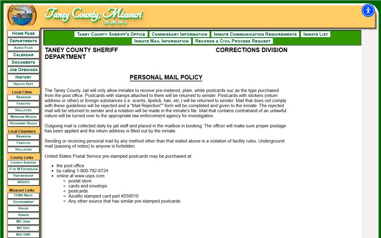 Taney County Jail inmate mail policy for personal postcards